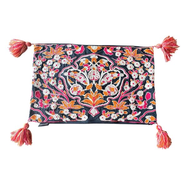 ENVOGUE Floral Embroidered 100% Cotton Lumbar Pillow Cover Navy Orange Pink - Picture 1 of 10